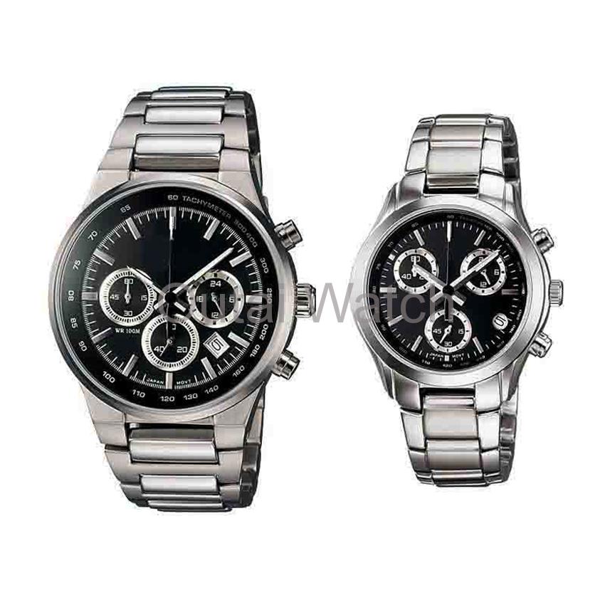 Black dial with sub-dials stainless steel bussiness couple watch